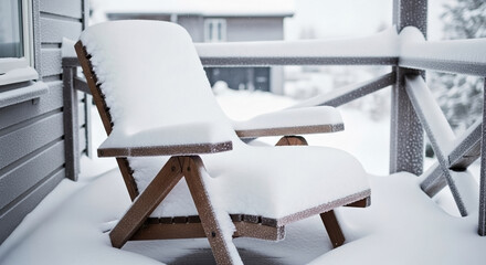 Snow on deck chair on wooden porch, presenting peaceful winter scene. Outdoor furniture covered in fresh white snow on deck chair, emphasizing seasonal tranquility.