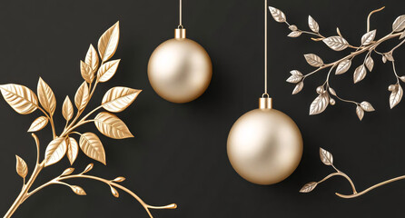 A luxurious and elegant Christmas or seasonal composition featuring two smooth, matte gold spherical ornaments hanging against a deep black background.