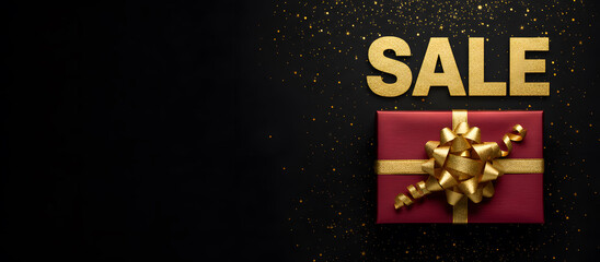 Exciting sale announcement with a golden gift box and sparkles on a black background