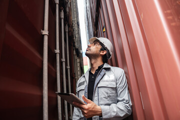 Man logistics workers use tablet computer with container background	