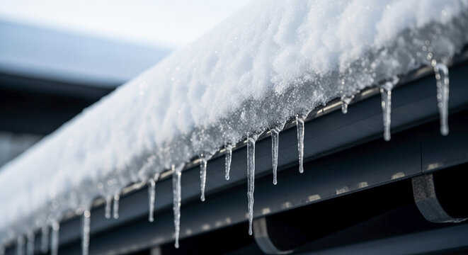 Close-up view of fresh snow on gutter edge with sparkling icicles below. Detailed winter scene shows accumulation of crisp white snow on gutter edge, contrasting dark metal.