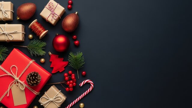 A flat lay composition of Christmas decorations arranged along the left edge of a dark, textured background. Include rustic brown gift boxes tied with twine, vibrant red gift wrapping - Powered by Adobe