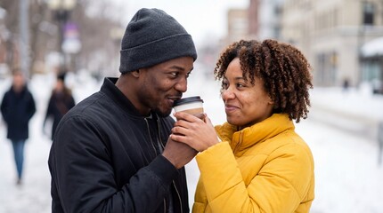 Romantic Black couple sharing a warm coffee on a cold winter day while walking on a snowy city street.