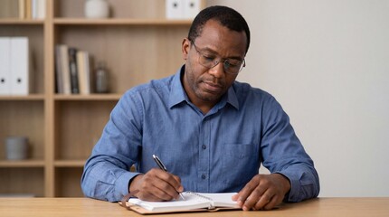 Focused middle-aged African American man in glasses sitting at a wooden desk in a home office writing notes in a notebook.