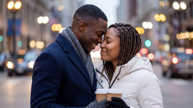 Romantic young African American couple embracing tenderly on a city street at dusk, holding warm coffee cups in winter - Powered by Adobe