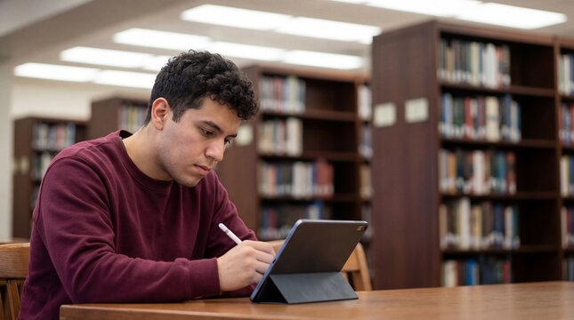 Focused male university student studying with a digital tablet and stylus at a wooden table in a quiet academic library. - Powered by Adobe