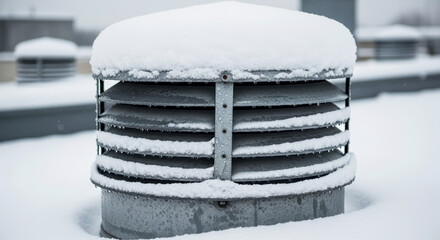 Snow on rooftop vent covered in heavy winter frost. Detailed snow on rooftop vent shows cold weather impact on building utility.