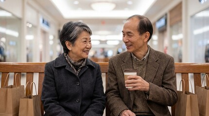Happy senior Asian couple sitting on a mall bench talking and smiling while taking a break from shopping with a coffee.