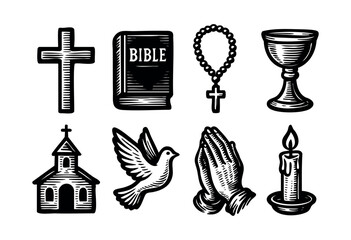 Fototapeta premium Collection of Christian symbols including a cross, bible, rosary, chalice, church, dove, praying hands, and candle in a woodcut style — stock illustration.