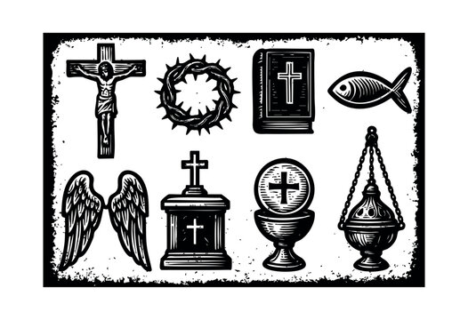 Collection of christian symbols in black and white woodcut style, including cross, crown of thorns, bible, fish, wings, tomb, chalice, and censer &mdash; stock vector.