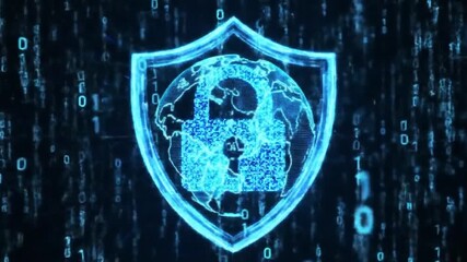 computer security concept with binary code - 3D Animation of Glowing Digital Shield Protecting Globe with Matrix Code Background - Powered by Adobe