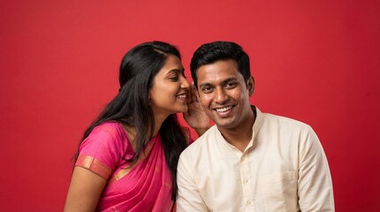 Young Indian woman in a pink sari whispering a secret to her smiling husband in a kurta against a solid red background