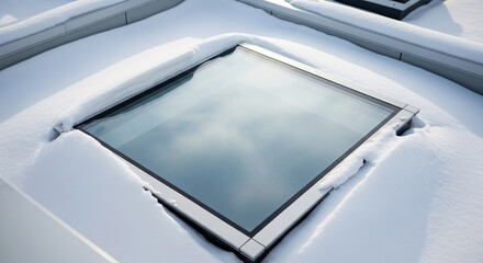 White snow on skylight frame covers modern rooftop glass structure. Winter snow on skylight frame reflects sky, highlighting contemporary building design.