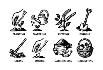 A set of hand-drawn vector icons illustrating gardening tools and activities like planting, watering, and harvesting — stock vector.