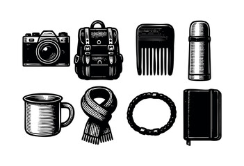 Set of monochrome outdoor equipment including camera, backpack, comb, thermos, mug, scarf, bracelet and notebook — stock vector.