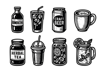 Hand-drawn assorted drinks including kombucha, iced tea, craft beer, coffee, herbal tea, and refreshing cocktails are displayed in black and white — stock vector.