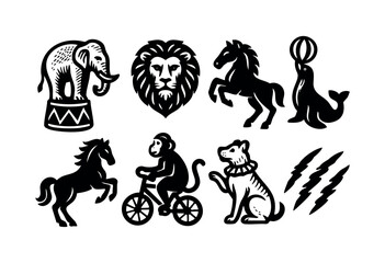 A set of circus animal icons in black and white, including an elephant, lion, horse, monkey, seal, and dog &mdash; stock vector.