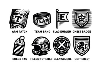 A collection of vintage-style team emblems, patches, and crests in a black and white vector illustration — stock vector.