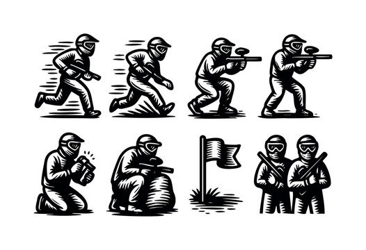 Various paintball player poses, isolated on white background &mdash; stock vector.