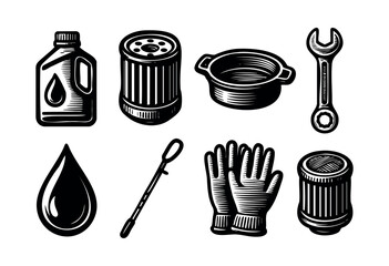 A collection of black and white illustrations depicting oil change equipment including oil, filter, drain pan, wrench, gloves, dipstick, and plug &mdash; stock vector.