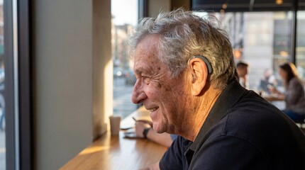 Candid profile of a smiling senior man with grey hair wearing a hearing aid while relaxing in a sunlit urban cafe.