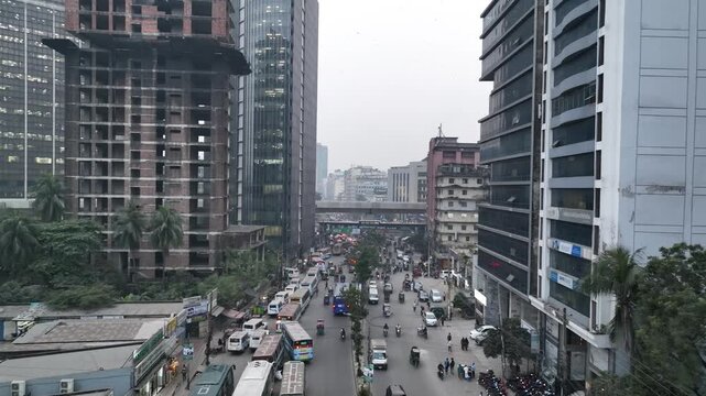 Dhaka city skyline aerial view on a foggy day, high-rise buildings and urban landscape of Bangladesh