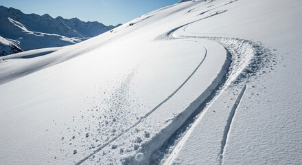Winding trail of ski marks descends pristine snow covered mountain slope. Fresh powder shows distinct trail of ski marks from backcountry freeride.