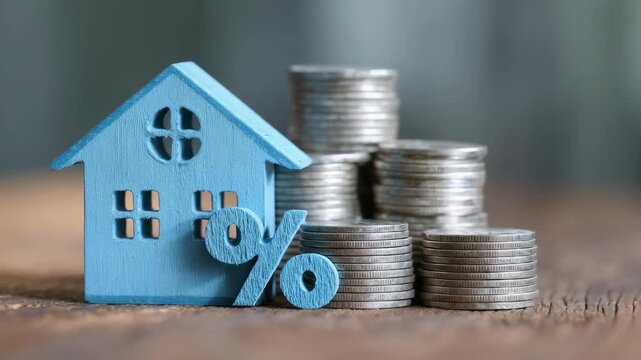 Blue wooden house model beside a percent sign and stacks of coins, symbolizing mortgage rates or savings.