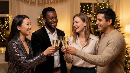 Diverse group of happy young friends celebrating a holiday party at home, toasting with champagne glasses by a Christmas tree.