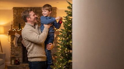 Father lifting his smiling son to decorate the Christmas tree with an ornament in their cozy living room during the holidays.
