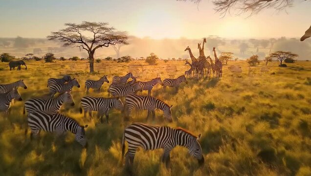 African Wildlife Zebras and Giraffes Grazing at Sunset in Savannah