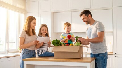 Happy Caucasian family with two kids unpacking a fresh meal kit delivery box with vegetables in a bright modern sunlit kitchen.