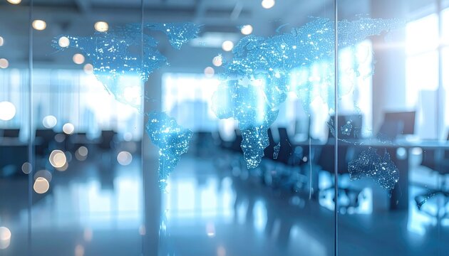 World Map overlaid on office scene - Powered by Adobe