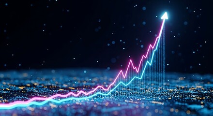 Glowing neon line graph showing strong upward trend and growth arrow over a digital, abstract dark blue background with bokeh effect