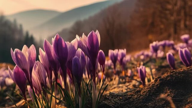 Purple crocuses bloom in a sunlit field with distant mountains and a hazy golden backdrop.