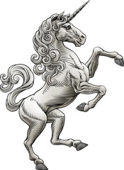 Naklejka premium A heraldry coat of arms crest style rearing heraldic Unicorn standing on hind legs in a vintage style