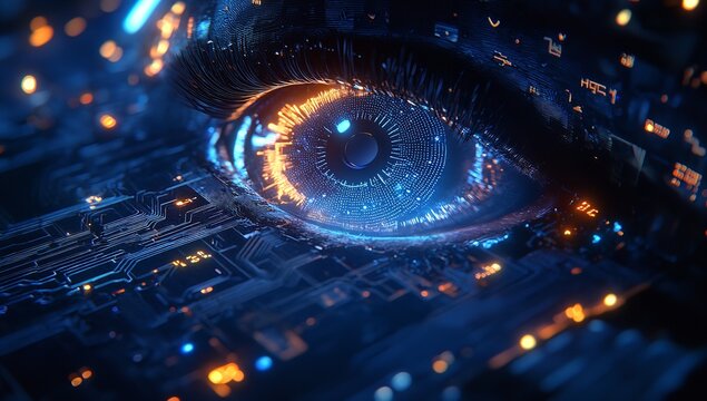 Cybernetic eye with glowing digital circuits and futuristic biometric scanning technology in dark blue tones - Powered by Adobe