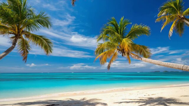 Tropical Paradise A serene coastal scene with crystal-clear turquoise waters lapping gently against pristine, sandy shores.