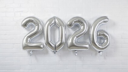 Silver foil balloons spelling out the year 2026, hanging against a bright white painted brick wall. Festive decoration for New Year's Eve celebration, anniversary, or future event concept.