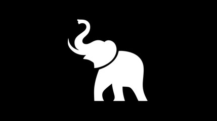 Majestic white elephant silhouette with trunk raised on a stark black background, minimalist animal graphic design.