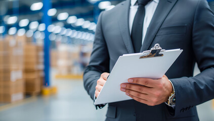 Businessman in a suit holding a clipboard in a warehouse setting