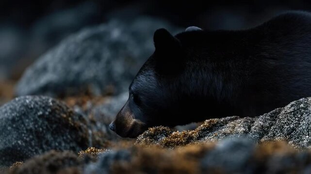 A black bear resting its head on a rock along a rocky shoreline.