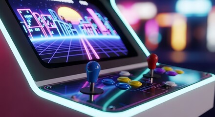 Close up of a retro arcade game console with neon glow and joystick controls displaying a futuristic city grid on screen