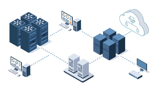 A detailed isometric illustration depicting a modern enterprise network where server racks, workstations, and storage units connect to a cloud system via digital data links