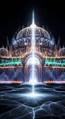 Futuristic Celestial Temple with a Luminous Spire of Energy.