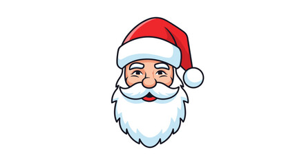 Cheerful cartoon illustration of a smiling Santa Claus face with a classic red hat and white beard for Christmas designs.