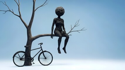 Obraz premium A stylized image of a figure composed of wrapped black material sits on a tree branch, positioned in the upper center of the frame. The figure, seemingly genderless and ageless, has a spherical head a