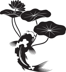 Black and white illustration of a koi fish swimming among lotus flowers and lily pads