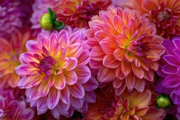 Close-up shot of vibrant dahlias in full bloom, showcasing a blend of pinks, oranges, and yellows