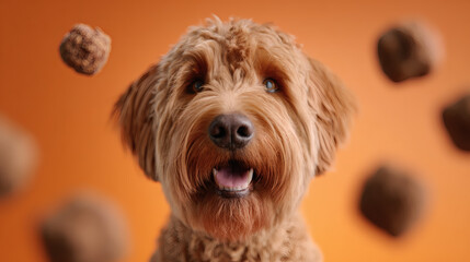 Happy labradoodle dog catching falling pet treats